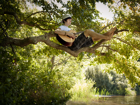 boy sitting in tree playing guitar