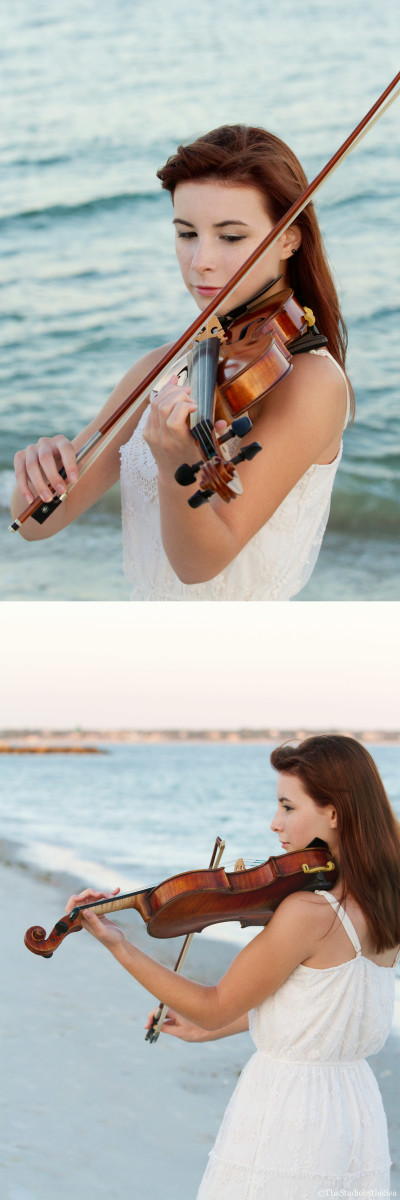 Senior girl playing violin by the ocean