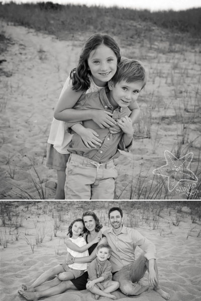 black and white photos brother and sister, and family all together on the beach