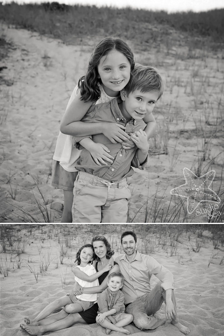 black and white photos brother and sister, and family all together on the beach