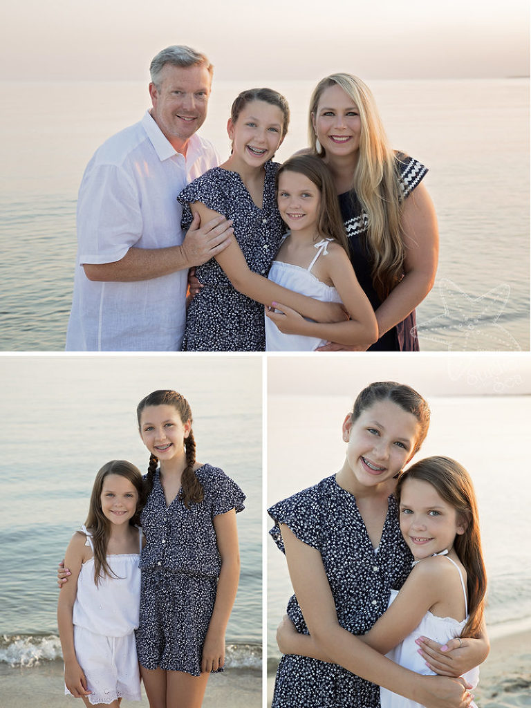 Triptych top photo family with two preteen daughters, bottom images of the two sisters together in different poses, all at sunset on the beach