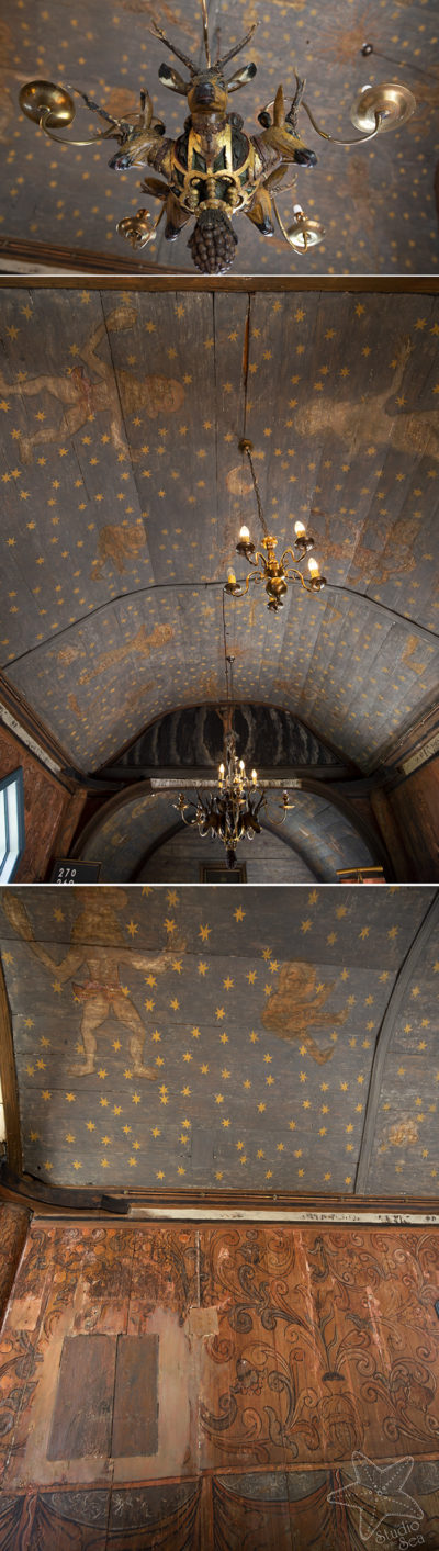 collage of interior of church with chandelier and painted folk art