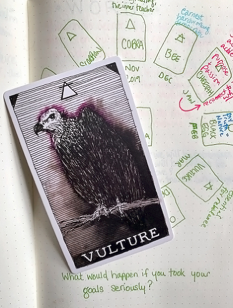 Vulture spirt card on top of bullet journal page