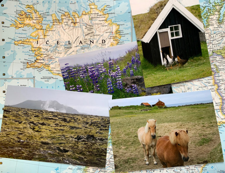 Photos of ponies and Iceland images on top of map of Iceland