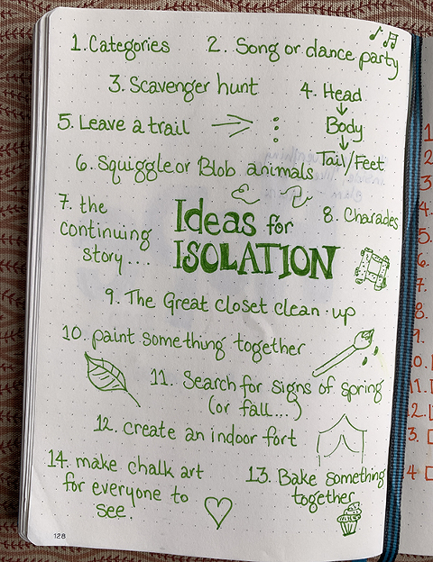 bullet journal page of ideas for isolation