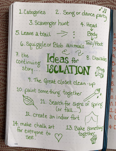 bullet journal page of ideas for isolation