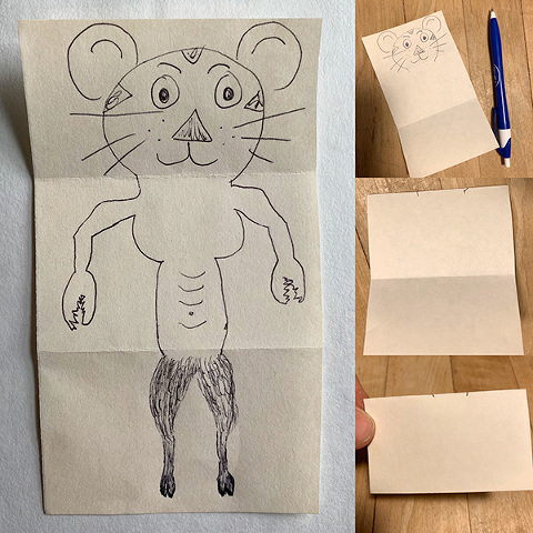 drawing of head, body and legs of animal created by three different people