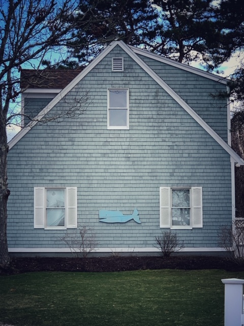 large blue wooden whale on side of shingled house