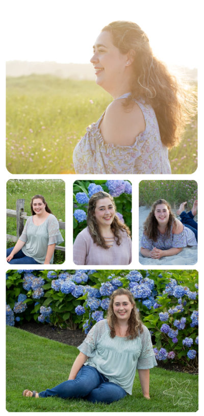 Collage of images senior girl with blue hydrangeas and beach behind her
