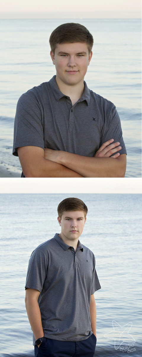 2 images of senior boy in front of the ocean