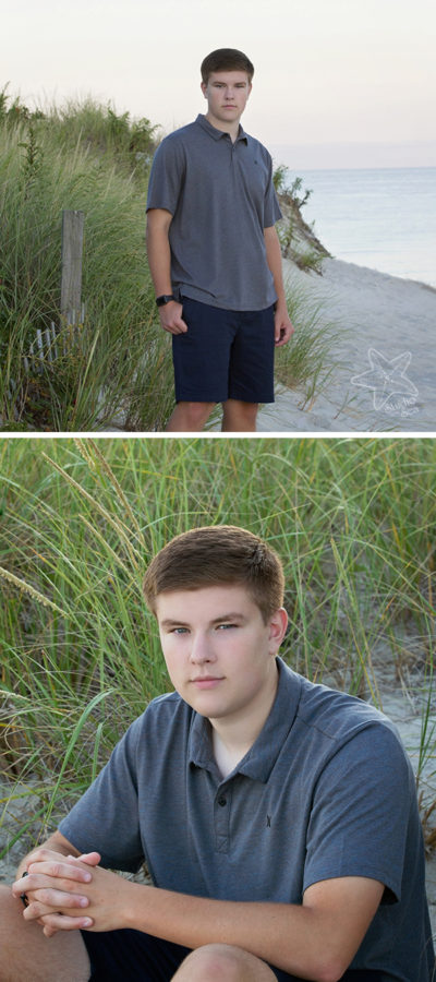 two images of senior boy standing in front of ocean and grass, and sitting in beach grass