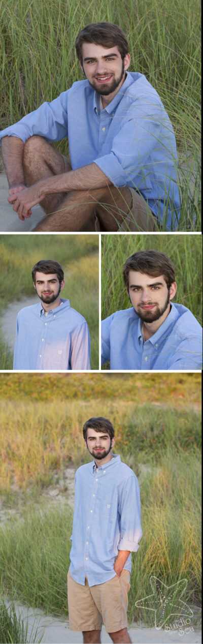 Collage of images senior boy in blue oxford with beach grass