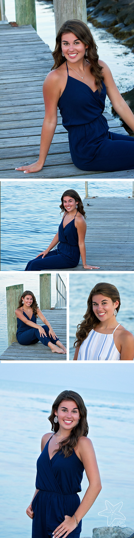 composite of brown haired senior girl in front of ocean and on jetty