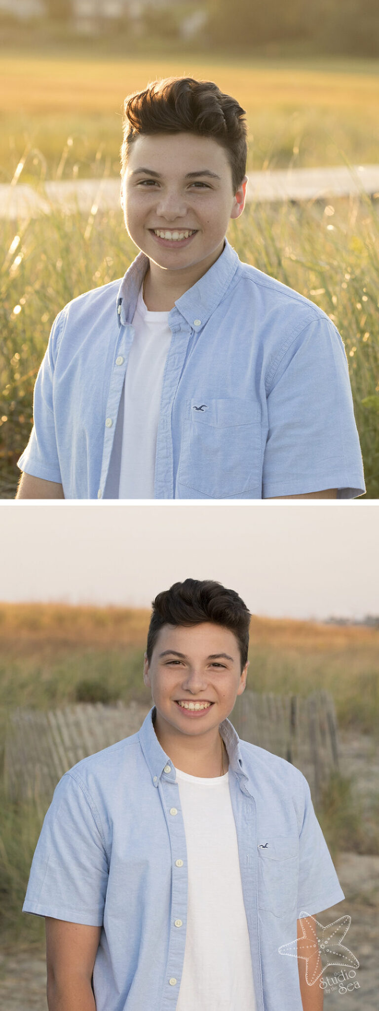 2 image composite of smiley senior boy in marsh 