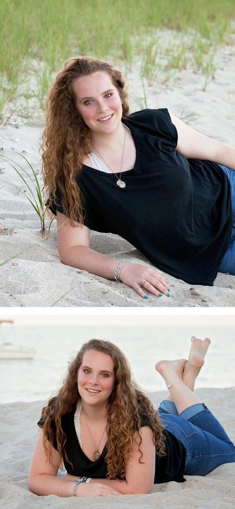 2 images of senior girl with long curly hair on lying on beach wearing black top and jeans