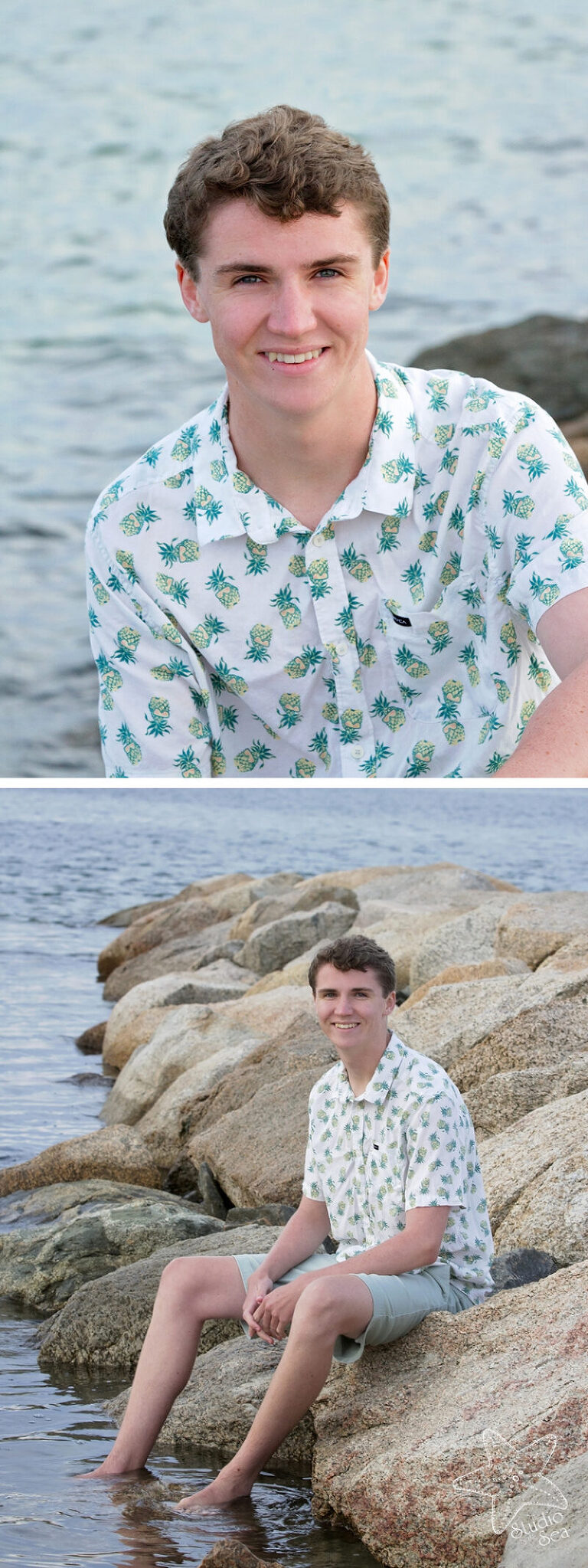 2 image composite of senior boy on jetty