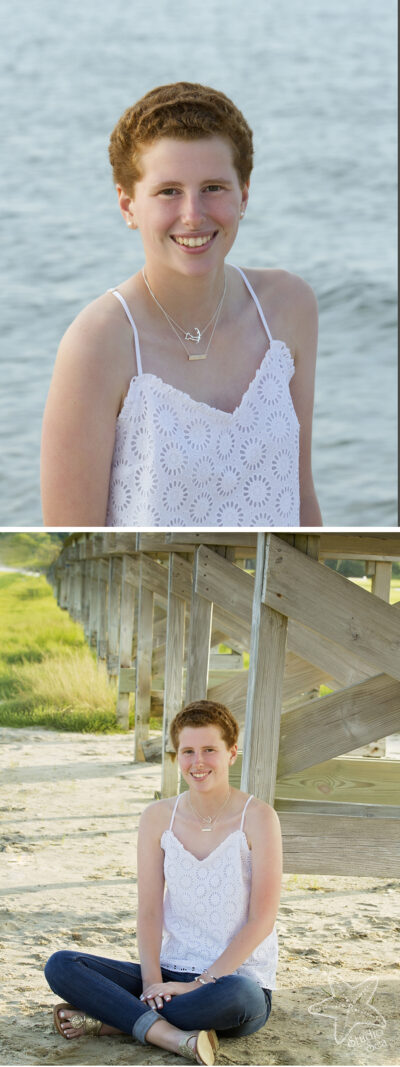 2 image composite of Red head girl sititng in grass by boardwalk and standing in front of blue sea