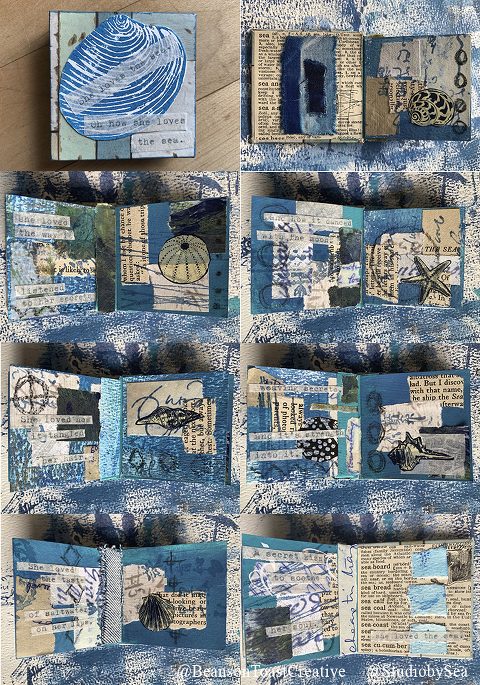 mini art journal pages, all blues with sea shells and typewritten  words about how I love the sea.